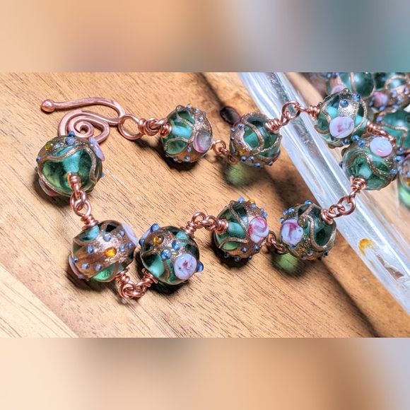 Venetian Emerald Glass Bead Copper Bracelet Textured Colorful Handmade - Picture 9 of 16